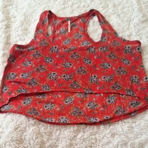 Free People Red Floral Sleeveless Deep Scoop Neck Crop Tank Top Size SP